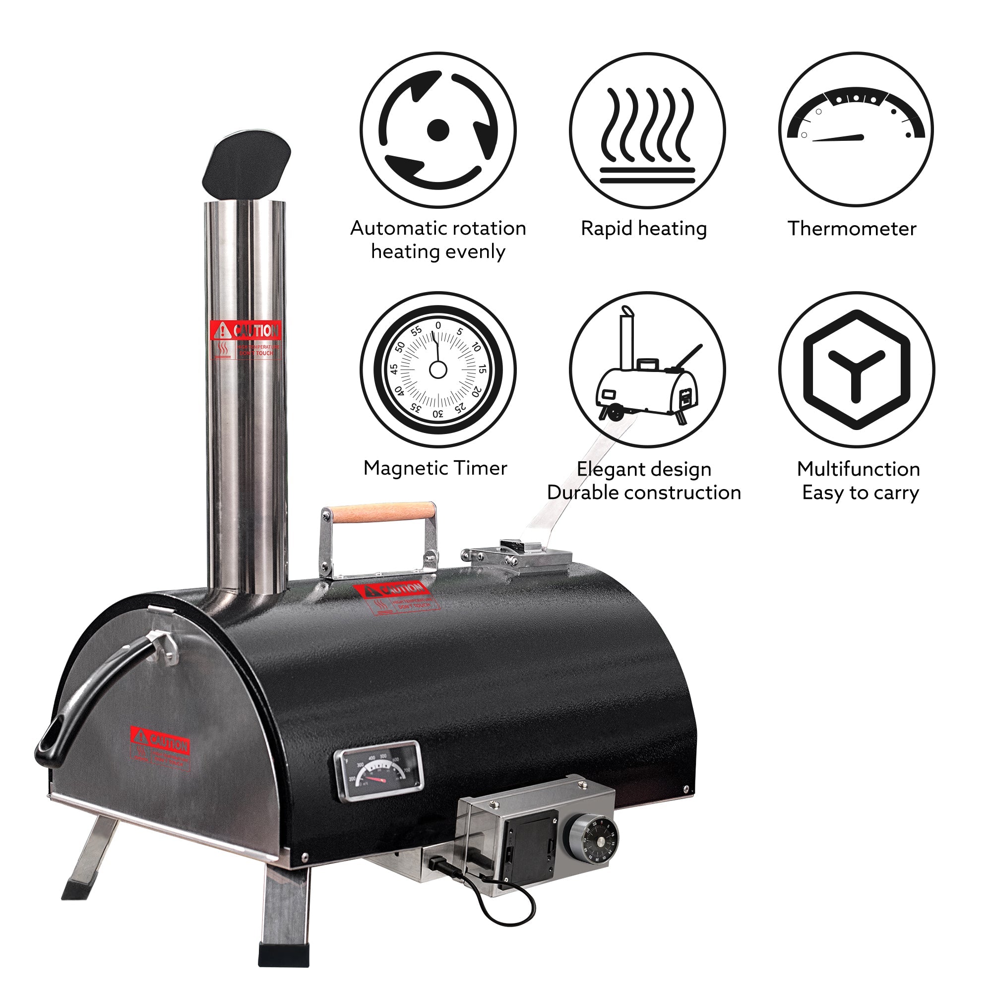 Black Pizza Oven Outdoor 12" Automatic Rotatable Pizza Ovens Portable Stainless Steel Wood Fired Pizza Oven Pizza Maker