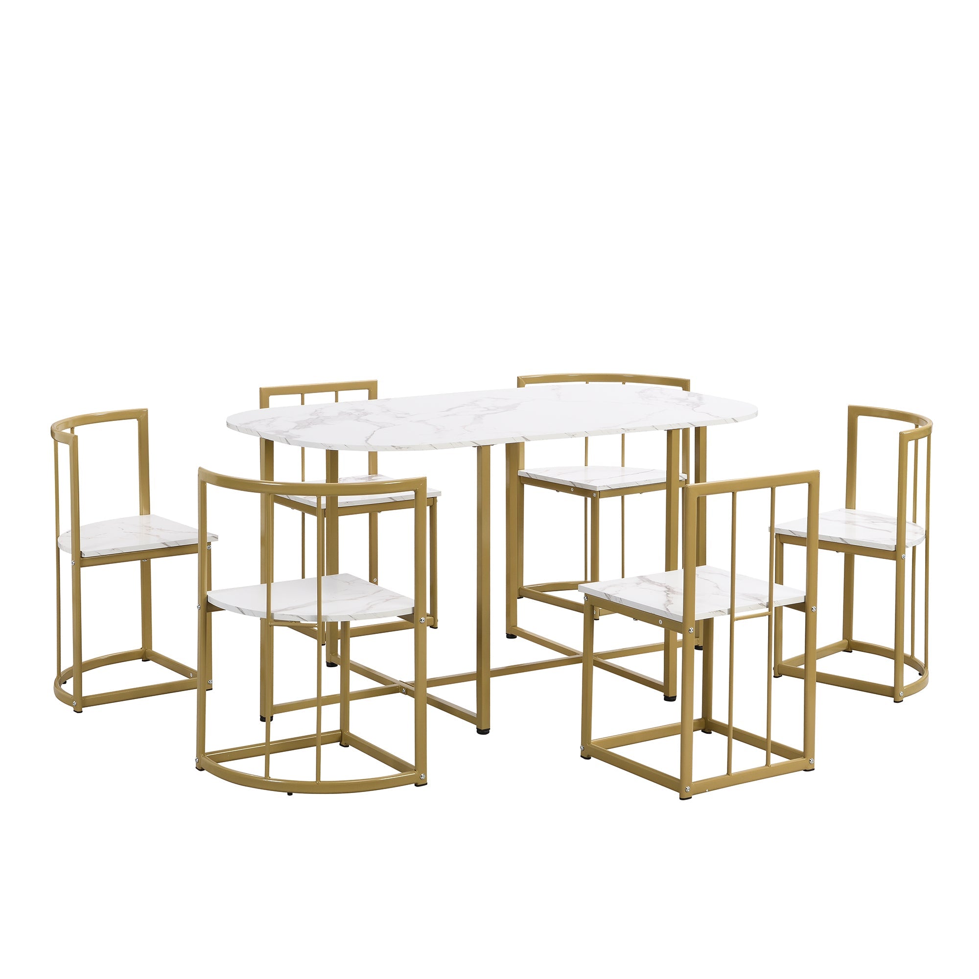 TOPMAX Modern 7-Piece Dining Table Set with Faux Marble Compact 55Inch Kitchen Table Set for 6  Golden+White