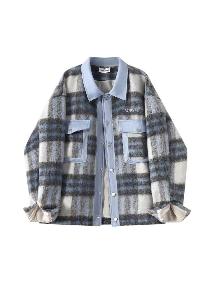 Casual color blocked plaid woolen men's and women's tops jackets
