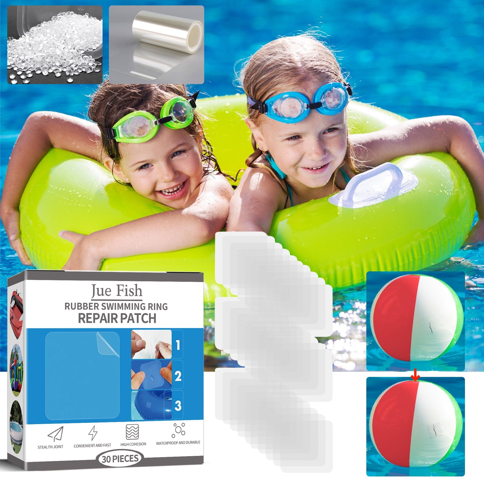 JUE FISH Rubber Swimming Ring Repair Patch, Swim Ring Patch Self-Adhesive Seal