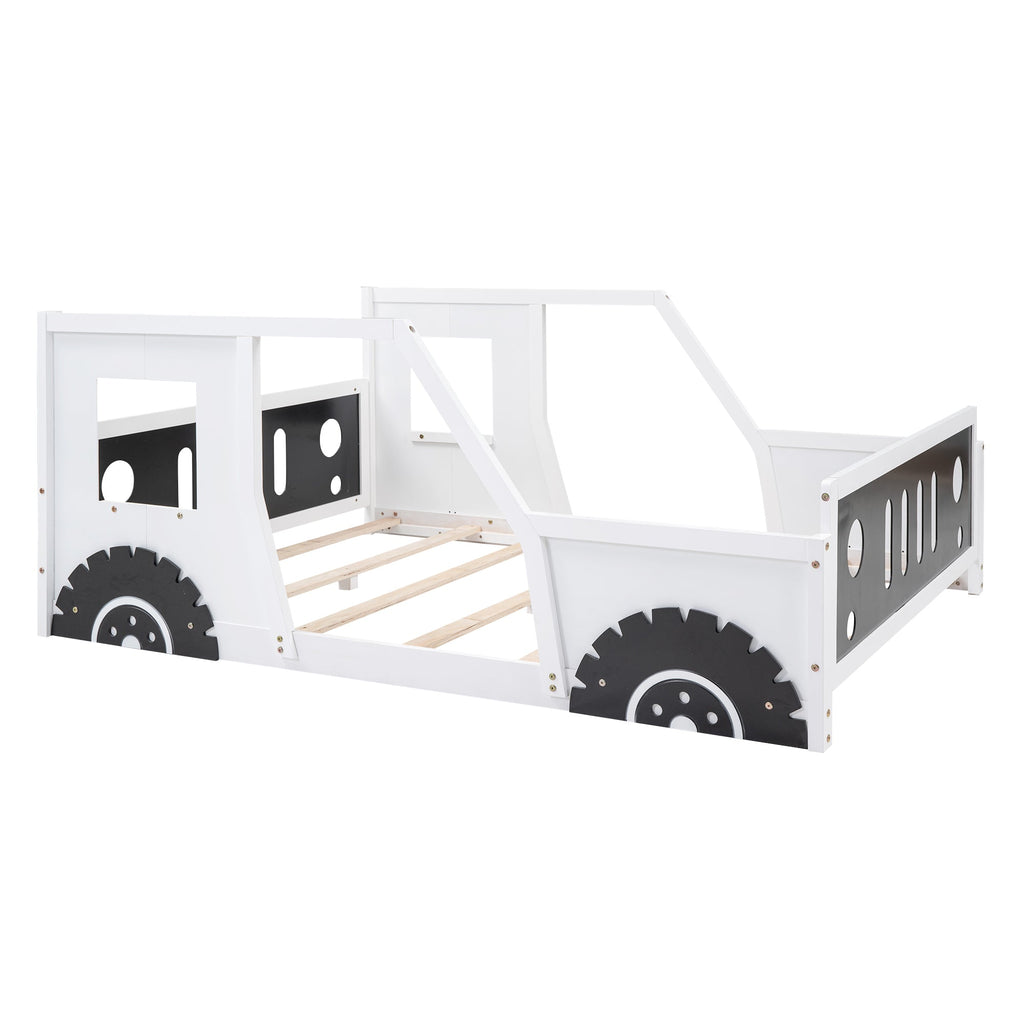 Full Size Classic Car-Shaped Platform Bed with Wheels White