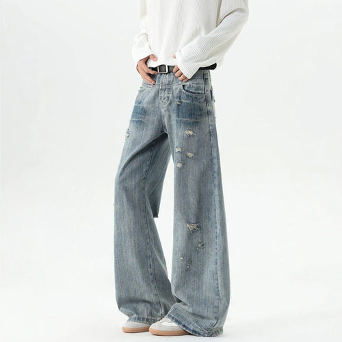 Bamboo Texture Distressed Washed Straight Leg Oversized Tapered Jeans