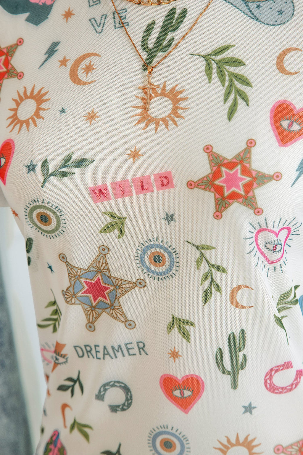 Western LOVE WILD DREAMER Sheer Mesh Graphic Top