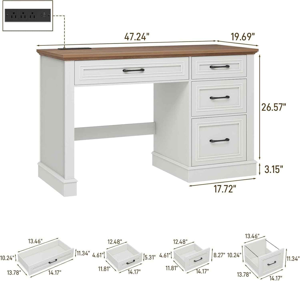 White Forty SevenInch Handcrafted Solid Wood Executive Desk