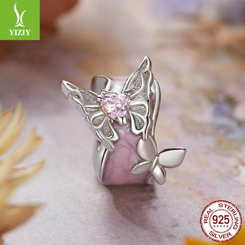 Silver Charm Pink Butterfly DIY Silicone Positioning Bracelet with Separated Beads Romantic Spring Day s925 Pure Silver Beads Loose Beads
