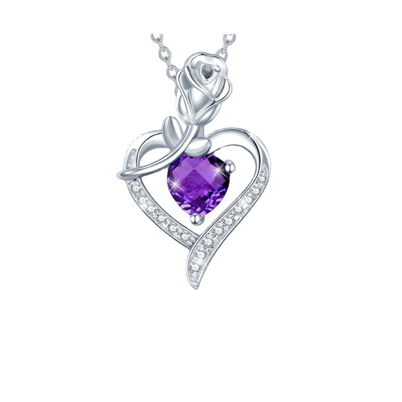 Fashionable Women's Rose Heart Shape Diamond Pendant Necklace Mother's Day Gift