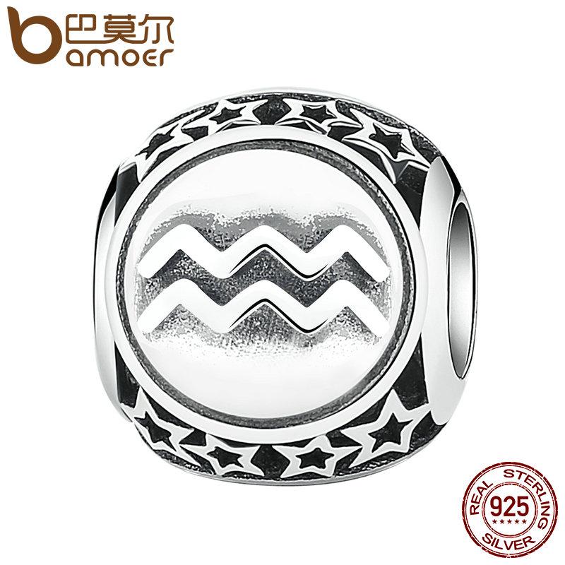 BAMOER 925 Sterling Silver Aquarius Star Sign Zodiac Beads Charms fit Bracelets PSC048