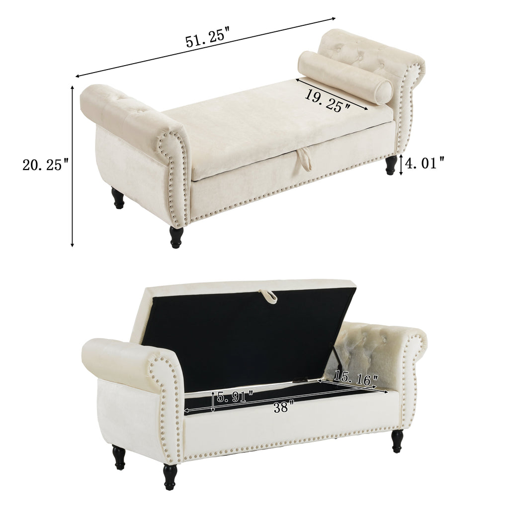 Velvet Multifunctional Storage Rectangular ottoman bench with 1 Pillow, Beige
