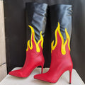 Processing time:3-7days after placing ordersNew Punk Style Mixed Color Embroidery Knee High Long Boots Thin Heel Pointed Toe Sexy Party Women's Shoes Black Red Big Size 43