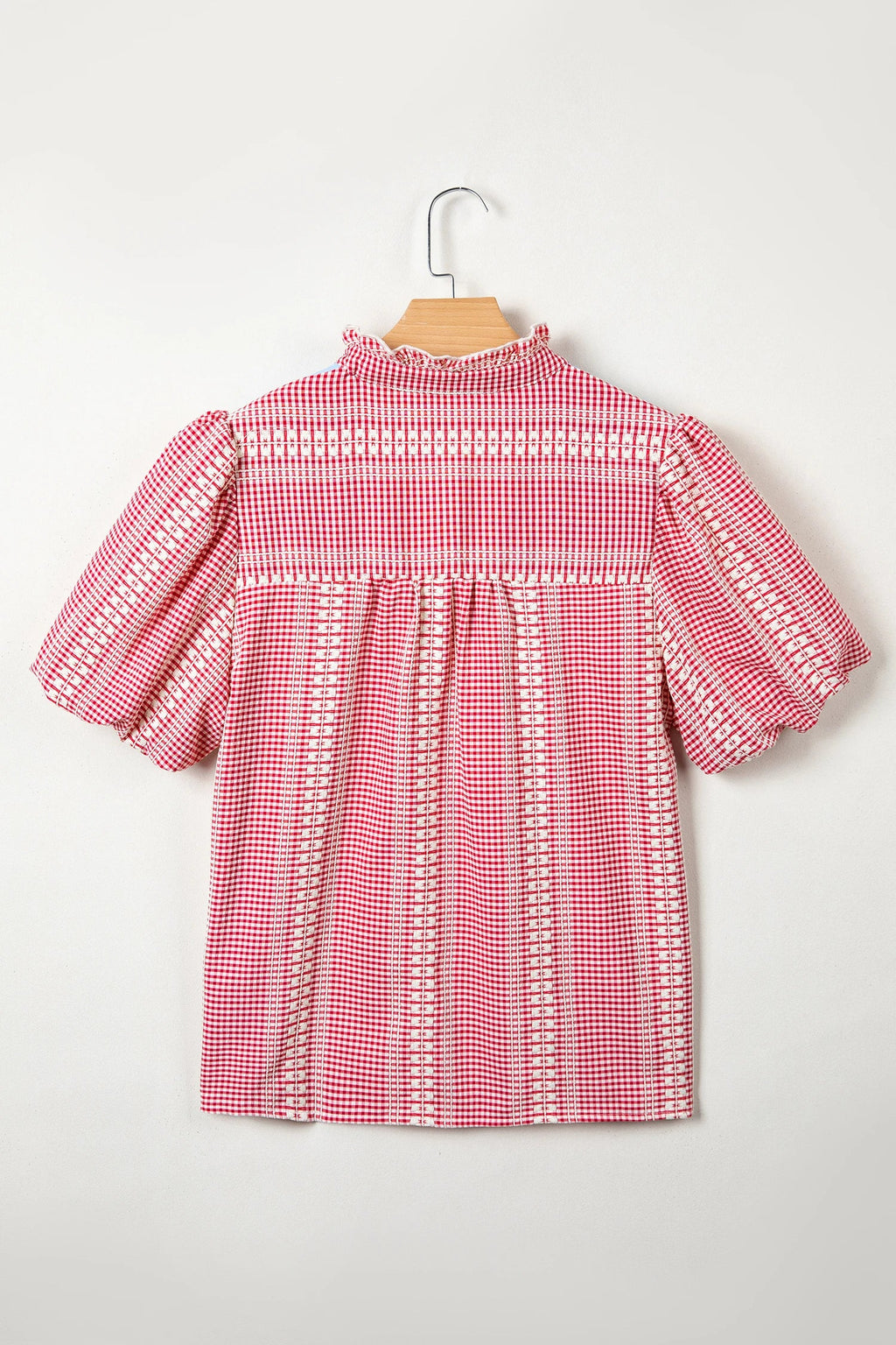 Western Pony Embroidered Gingham Puff Sleeve Blouse