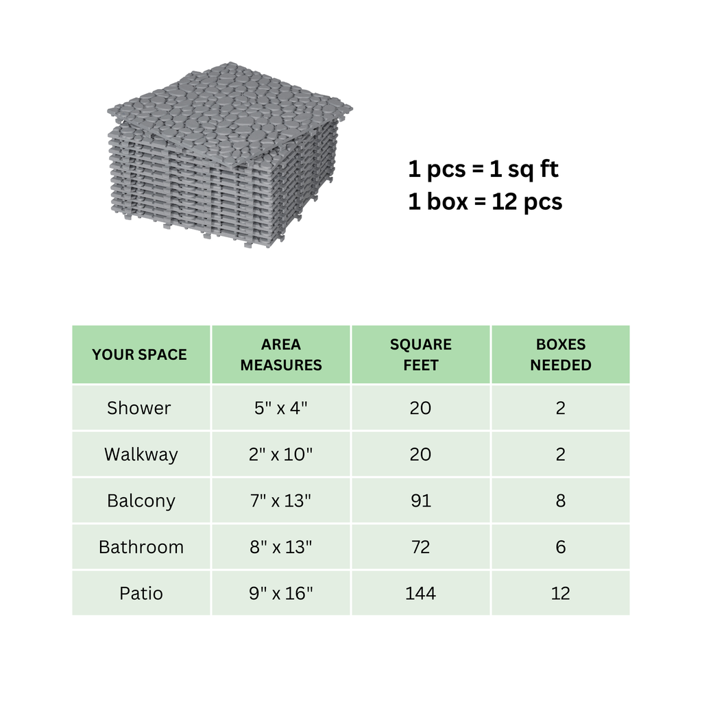 12 x 12 inch gray interlocking deck tiles, plastic waterproof pebble pattern, pack of 12 pieces