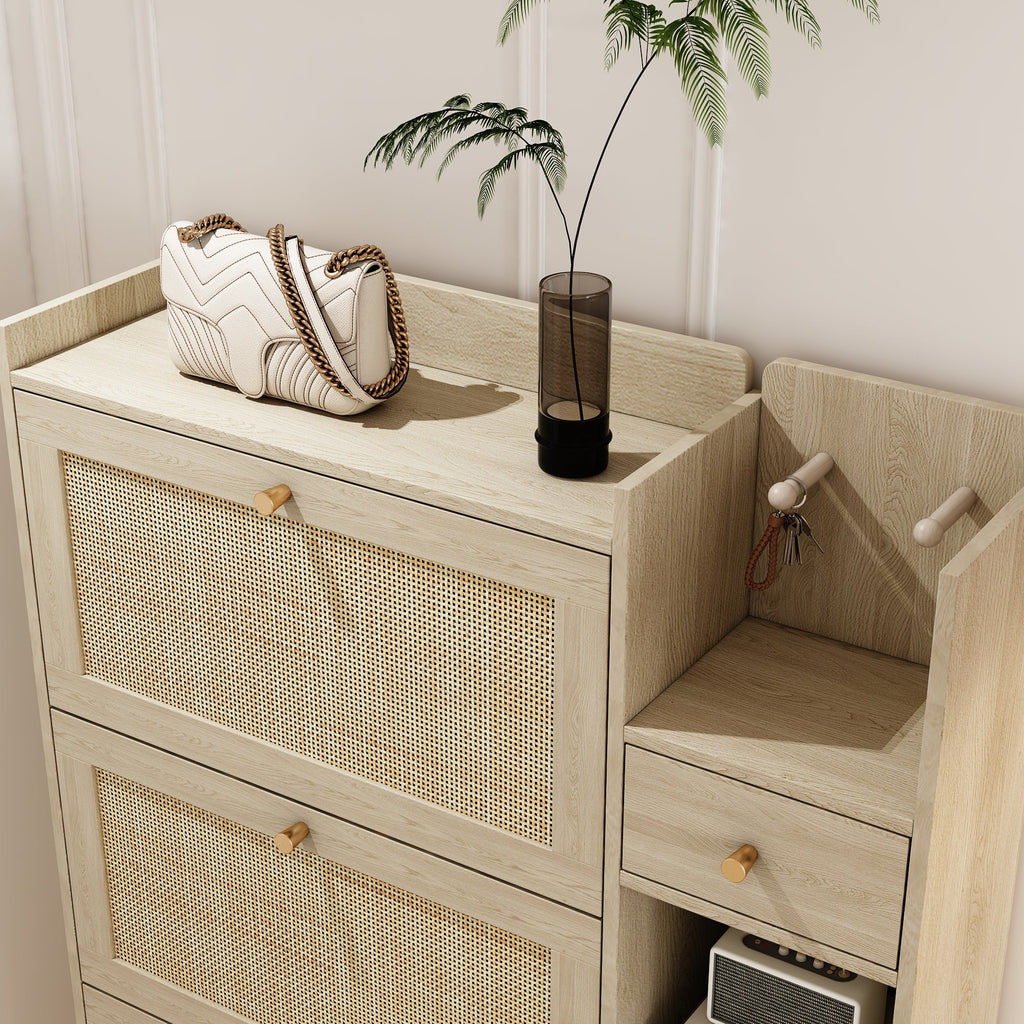 Natural Bohemian style shoe cabinet with 3 rattan flip drawers, 3 square shelves, and 1 storage drawer,  Natural