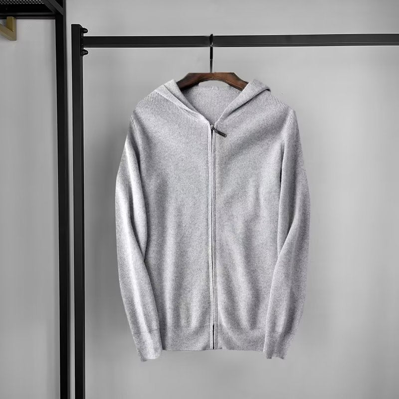 Cashmere hoodie men's cardigan loose knit wool sweater with cap thin hooded sweater zipper top