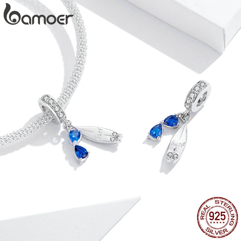 bamoer 2020 Summer Series Surfing with Sunglass Pendant Charm for Bracelet 925 Sterling Silver DIY Jewelry Accessories BSC263