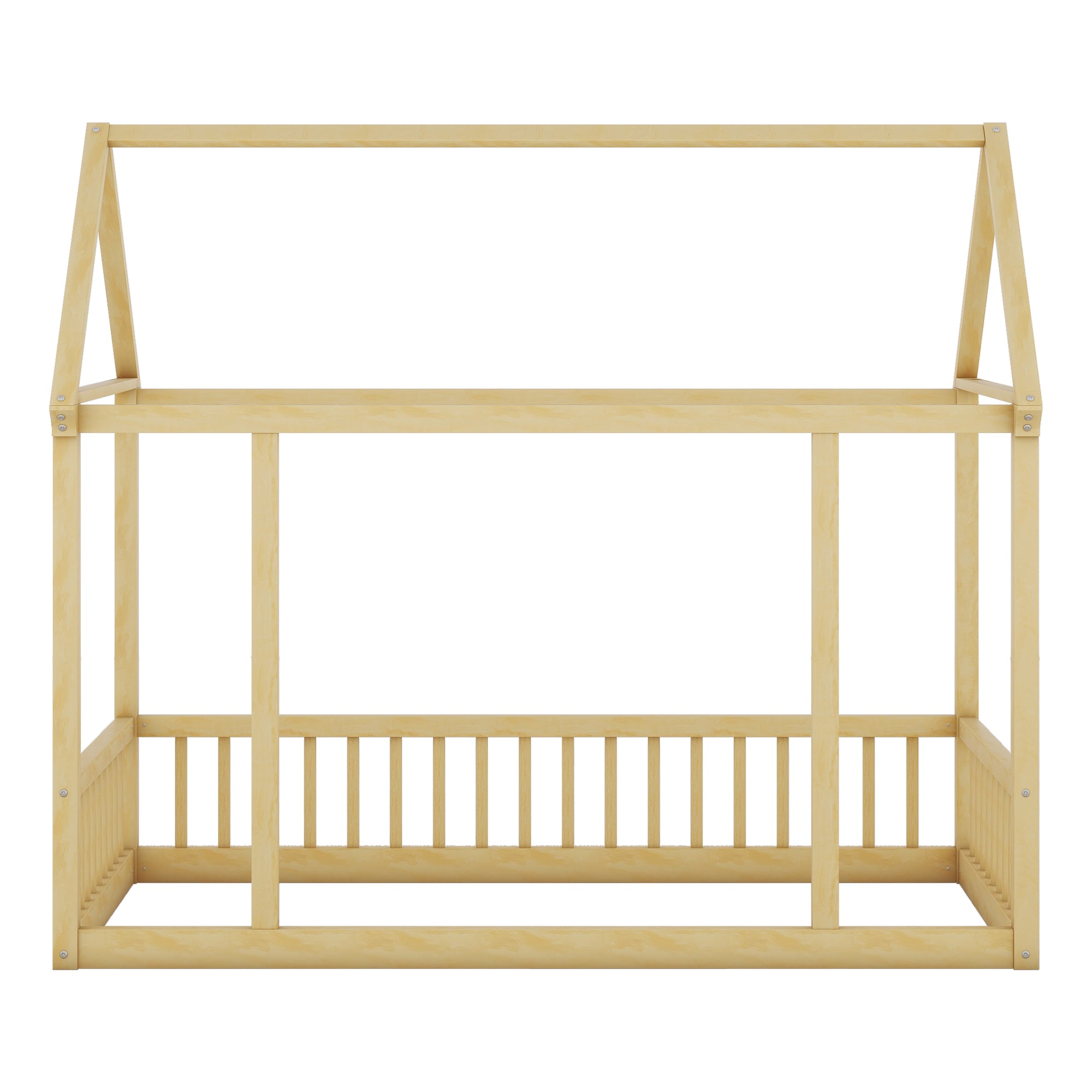 Twin Size Floor Wooden Bed with House Roof Frame and Safety Guardrails,Natural