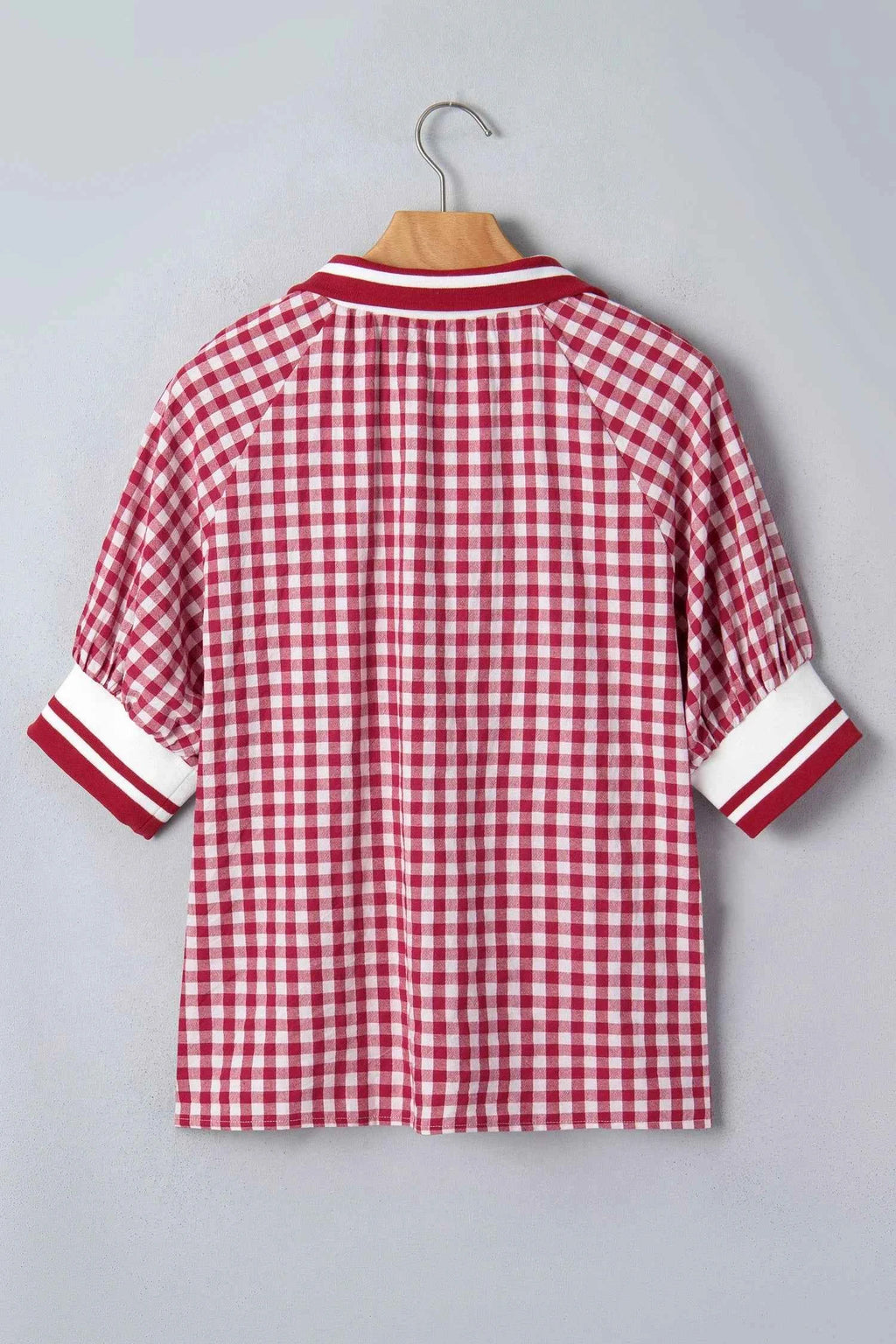 Gingham Stripe Patchwork Half Zip Collared Blouse