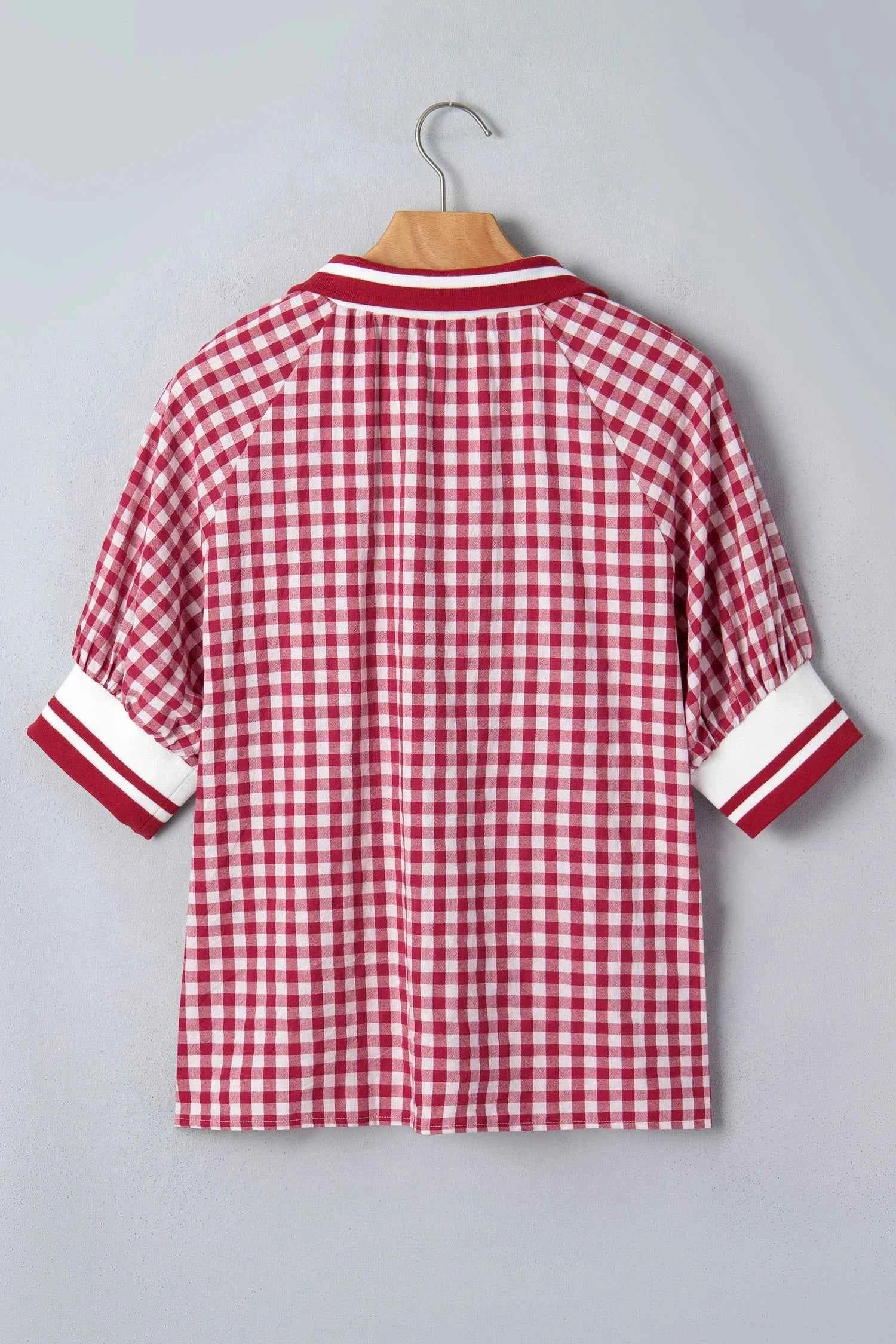 Gingham Stripe Patchwork Half Zip Collared Blouse