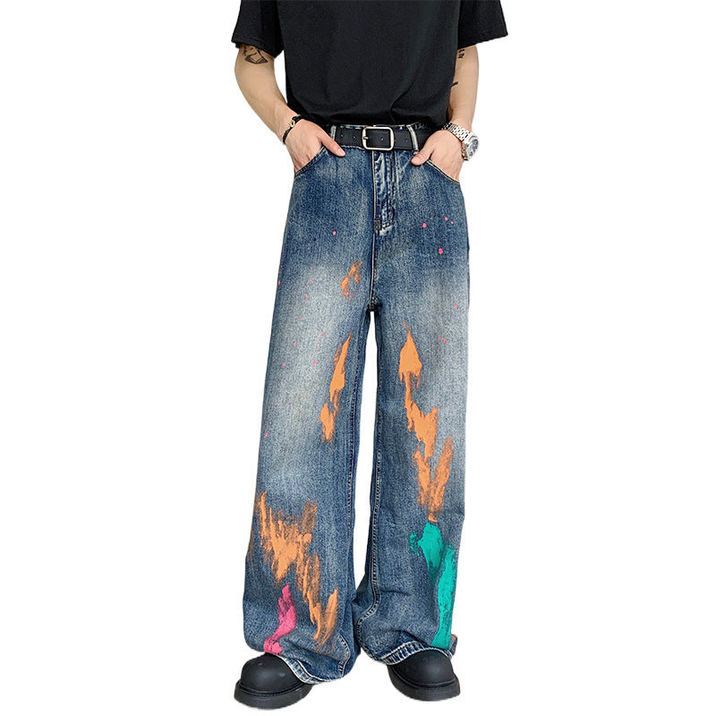 Painted jeans men's American loose wide leg long pants