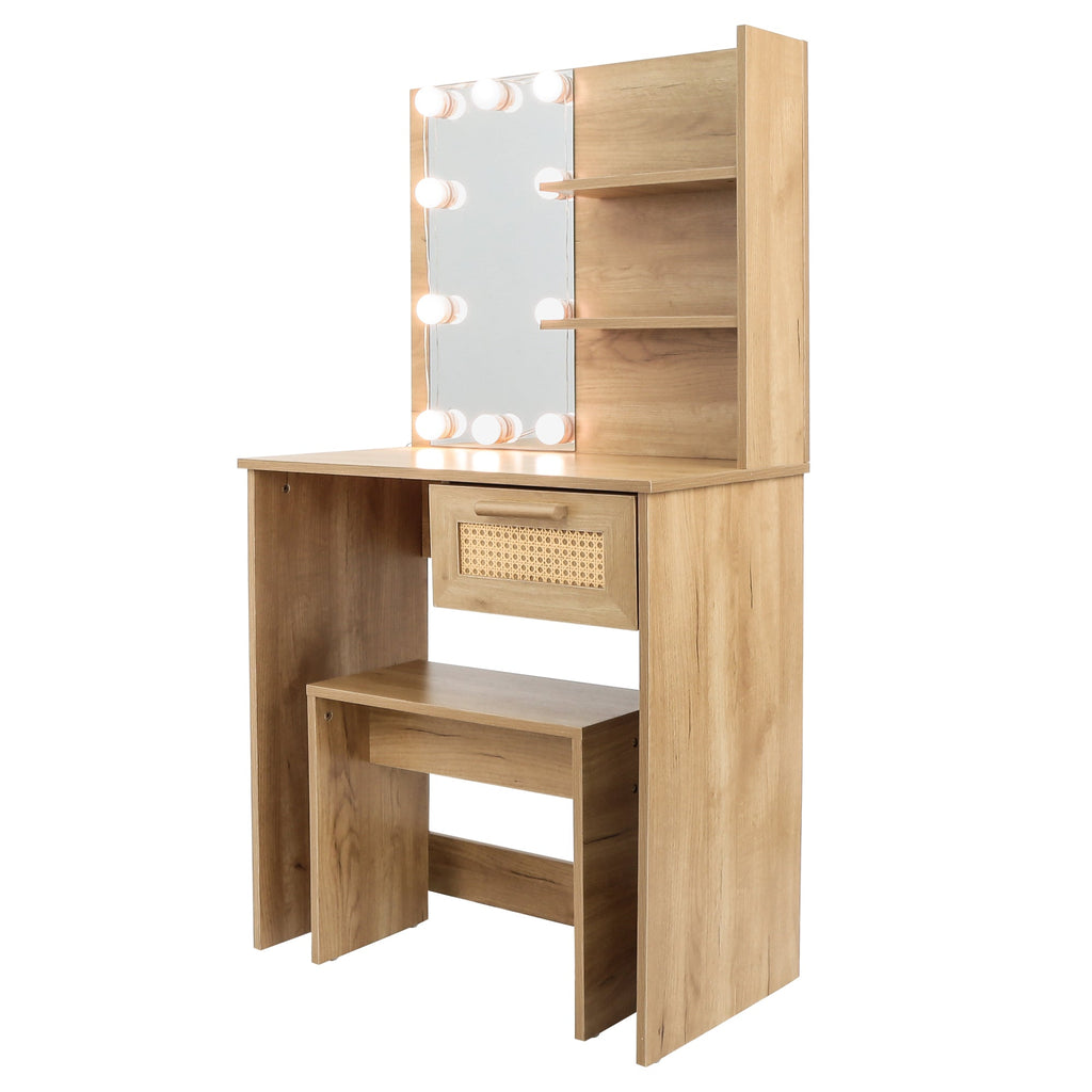 Vanity Desk Set Stool & Dressing Table with LED Lighting Mirror Drawer and Wood Cosmetic Table Chest of Drawers Nature Color