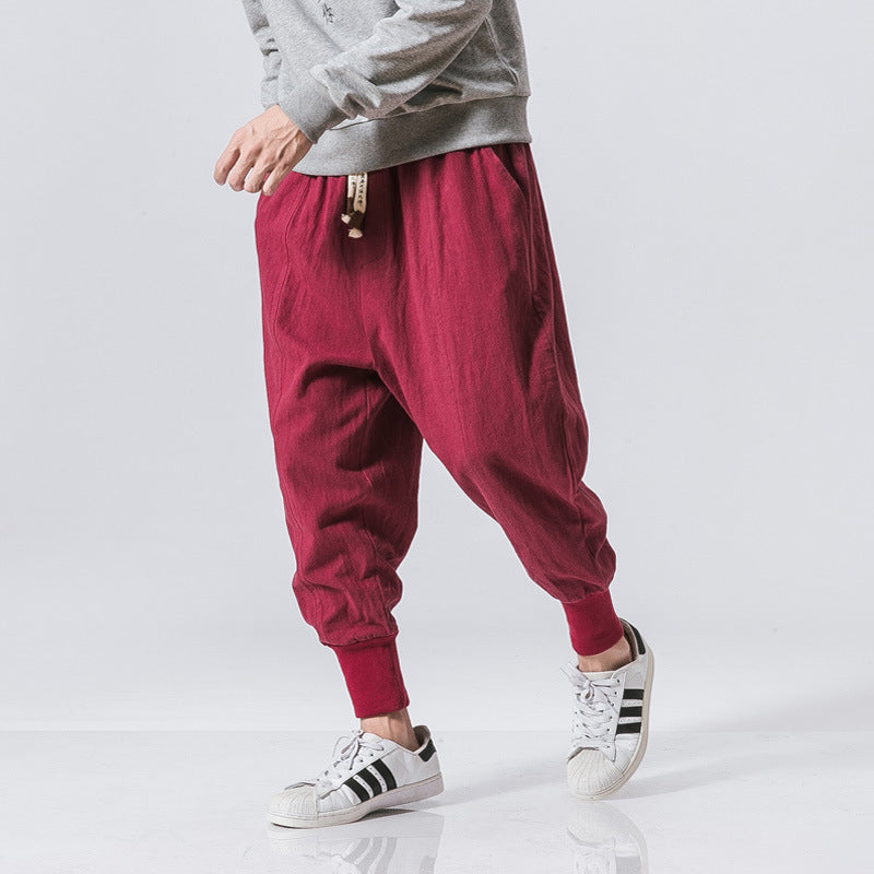 Men's Spring and Autumn Linen Closed Loose Bun Leg Pants Chinese Style Japanese Casual Pants Men