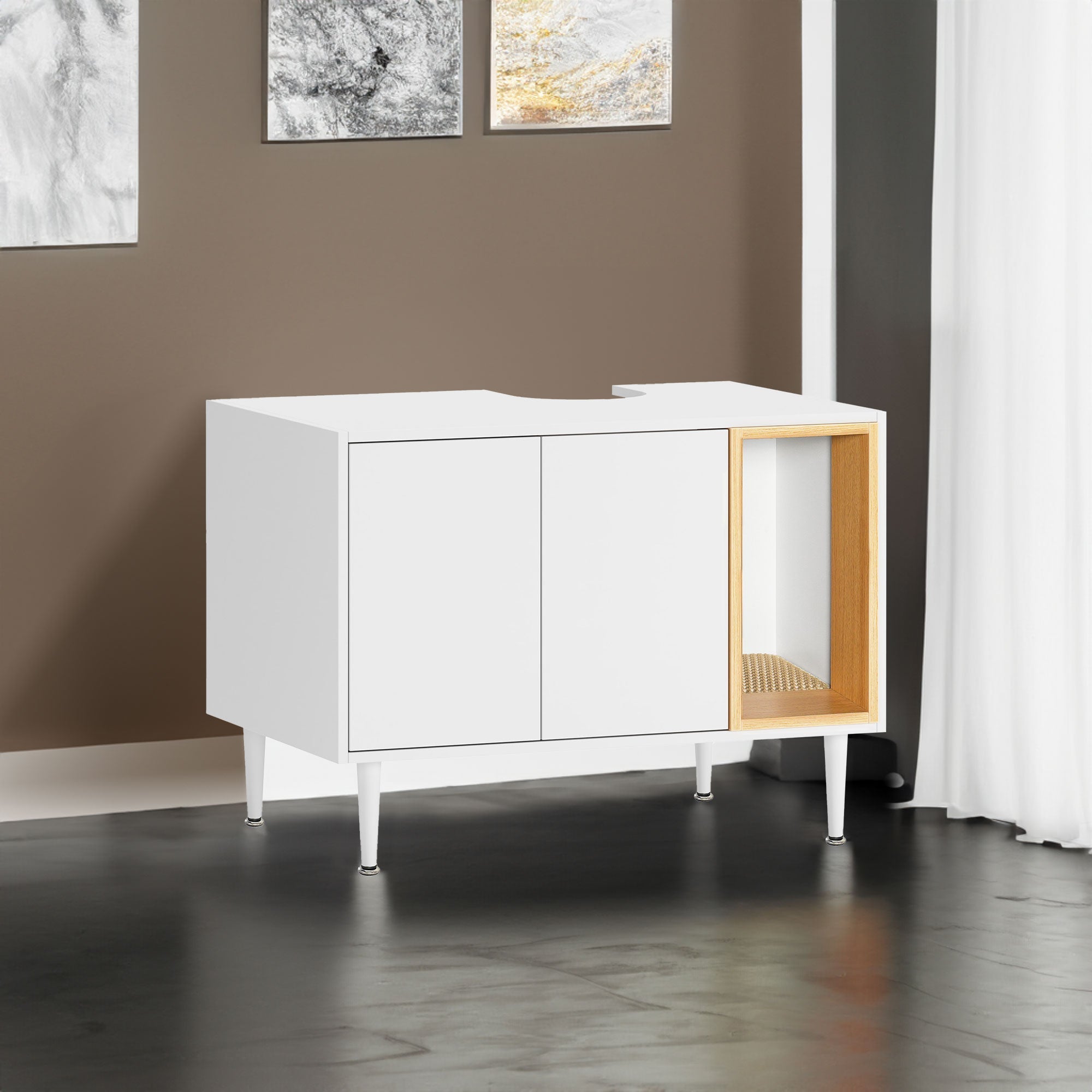 Bathroom sink cabinet, with cat trash can shell, hidden garbage pet bathroom, with partition, wooden cabinet furniture, white