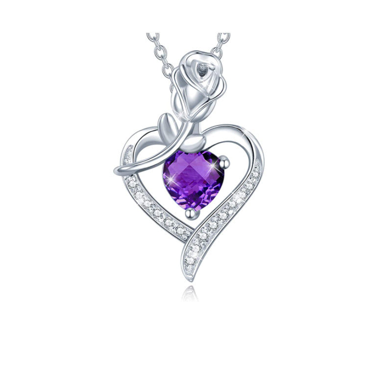 Fashionable Women's Rose Heart Shape Diamond Pendant Necklace Mother's Day Gift