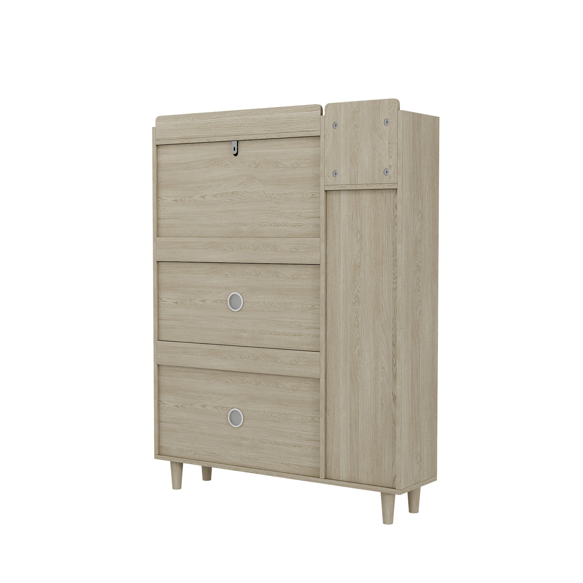 Natural Bohemian style shoe cabinet with 3 rattan flip drawers, 3 square shelves, and 1 storage drawer,  Natural