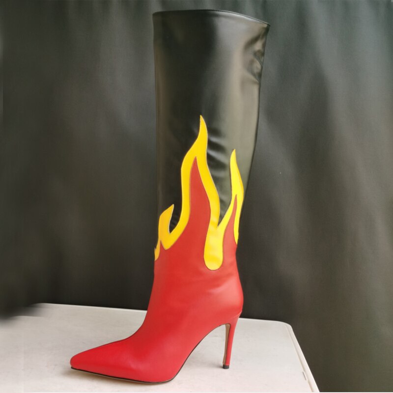 Processing time:3-7days after placing ordersNew Punk Style Mixed Color Embroidery Knee High Long Boots Thin Heel Pointed Toe Sexy Party Women's Shoes Black Red Big Size 43