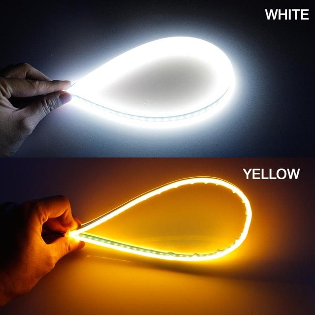 60cm New Slim Amber Sequential Flexible LED DRL For Headlight Strip Daytime Running Light With Yellow Turn Signal Lamp 12V