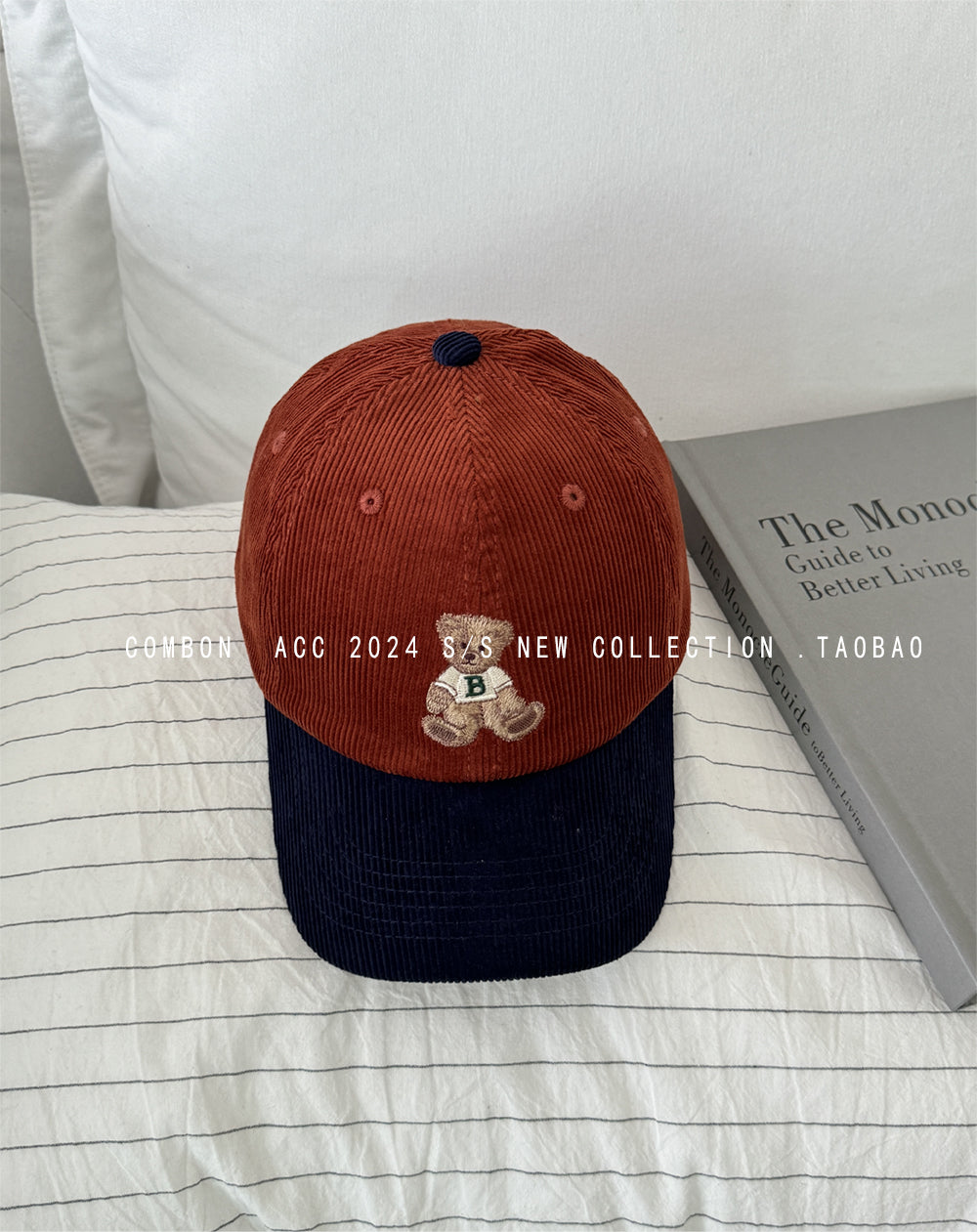 Cute bear embroidered baseball hat for women autumn and winter corduroy color matching retro duckbill cap