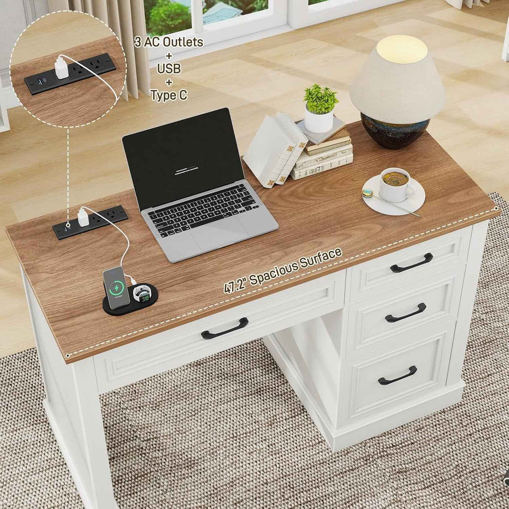 White Forty SevenInch Handcrafted Solid Wood Executive Desk