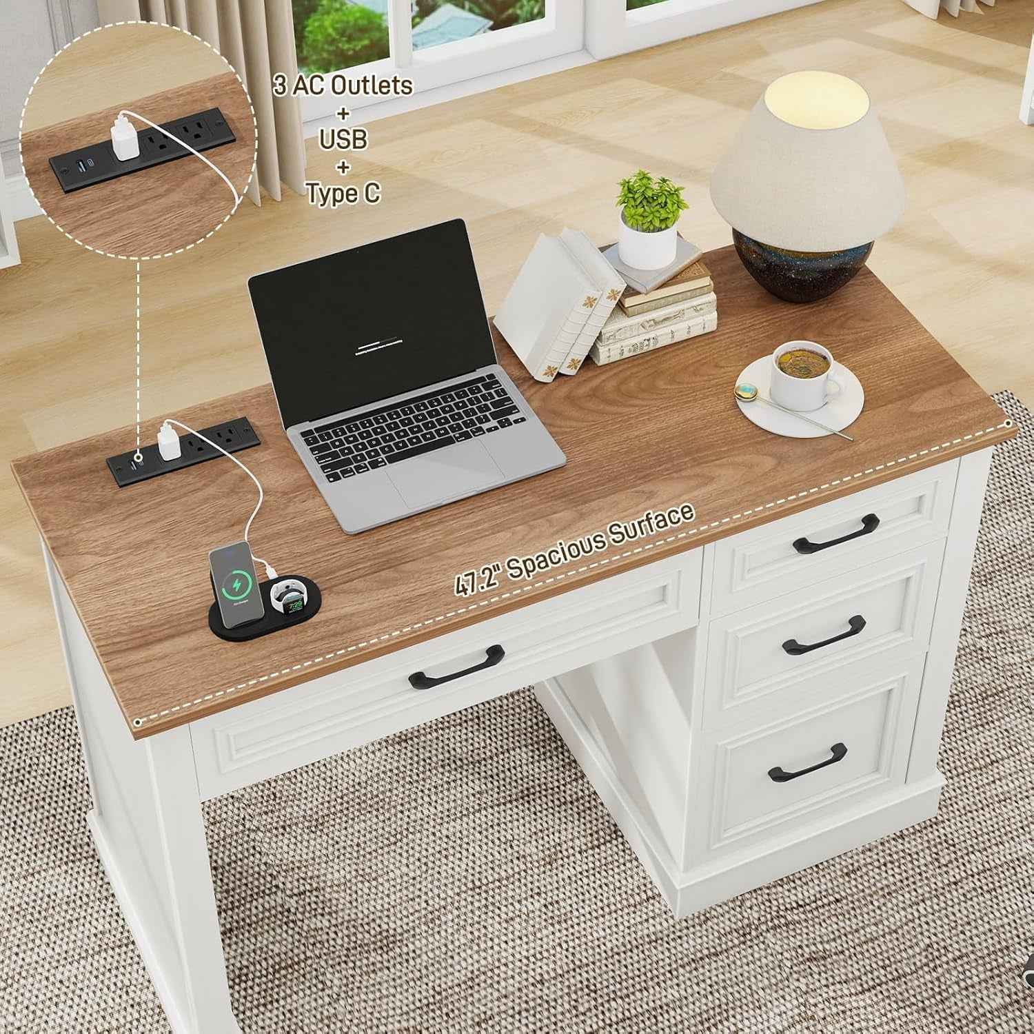 White Forty SevenInch Handcrafted Solid Wood Executive Desk