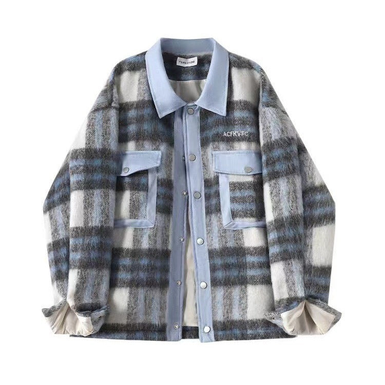 Casual color blocked plaid woolen men's and women's tops jackets