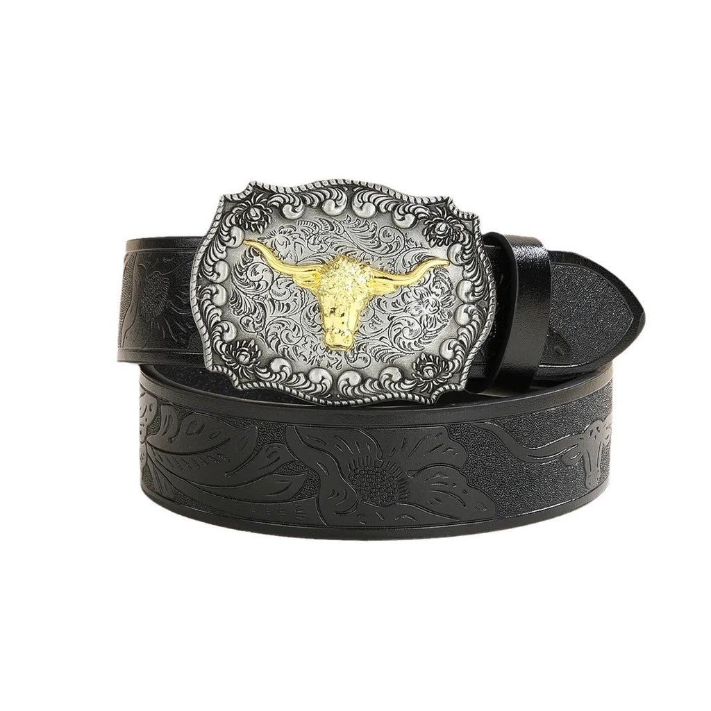Western Cowboy Belt Versatile Bull Head Big Board Buckle Cowboy Carving Ethnic Style Male Punk PU Leather Belt