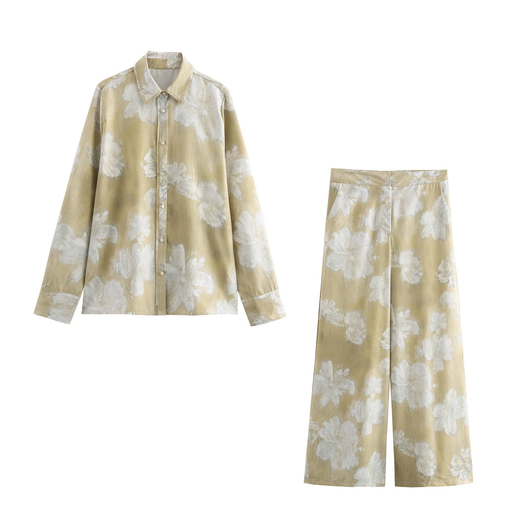 Women's floral print silk textured shirt and pants