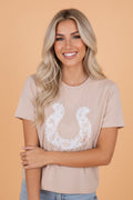 Western Lace Pearl Beaded Horse Shoe T-Shirt