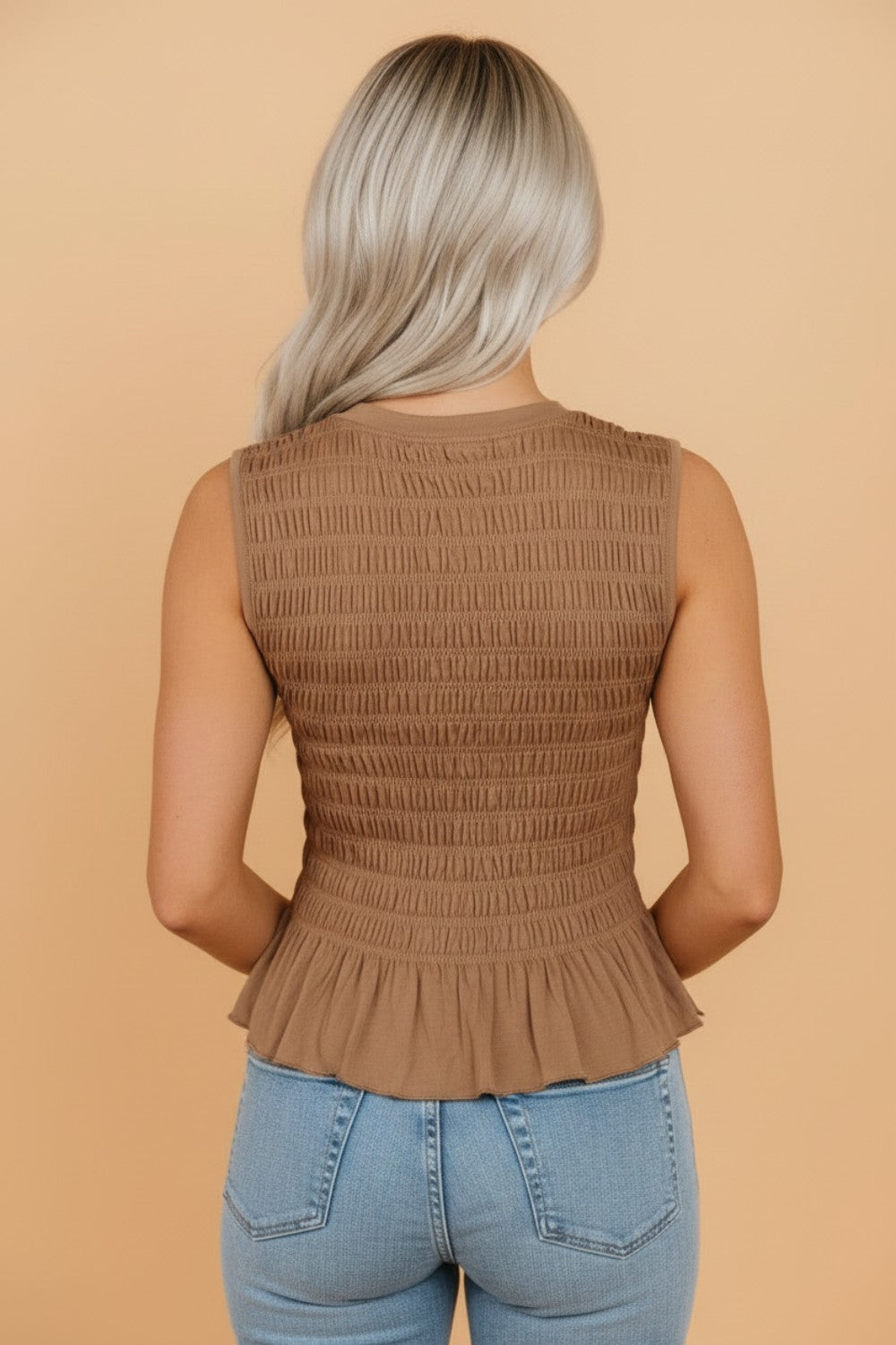 Solid Shirred Ruffle Peplum Hem Tank Top