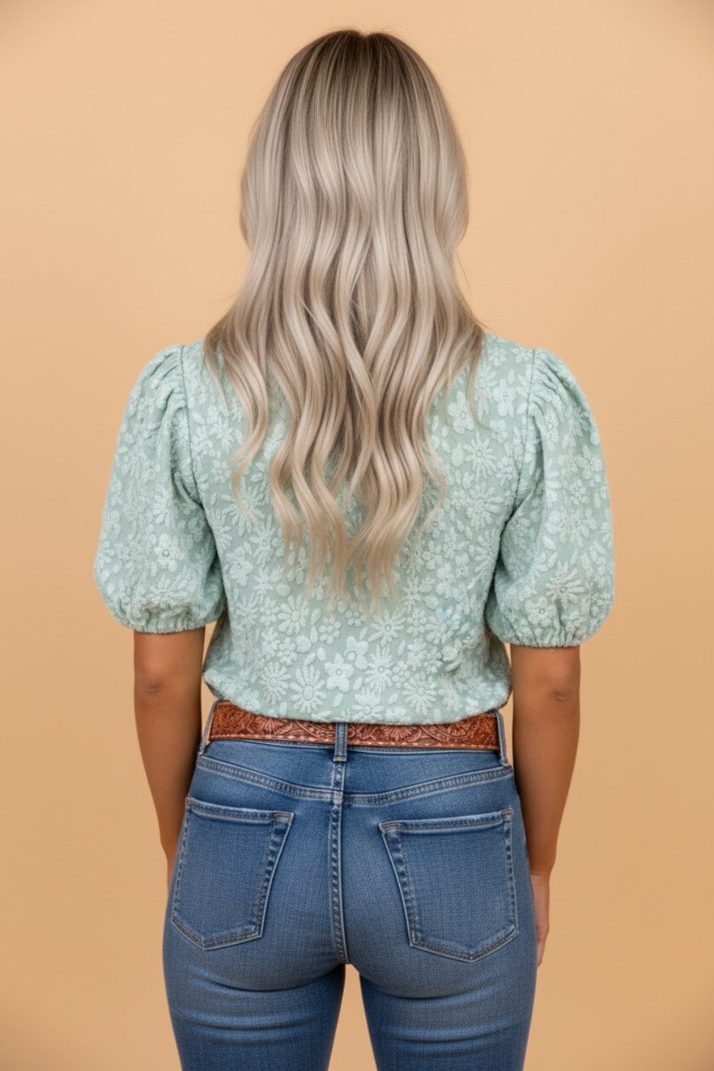 Floral Textured Jacquard Puff Sleeve Blouse