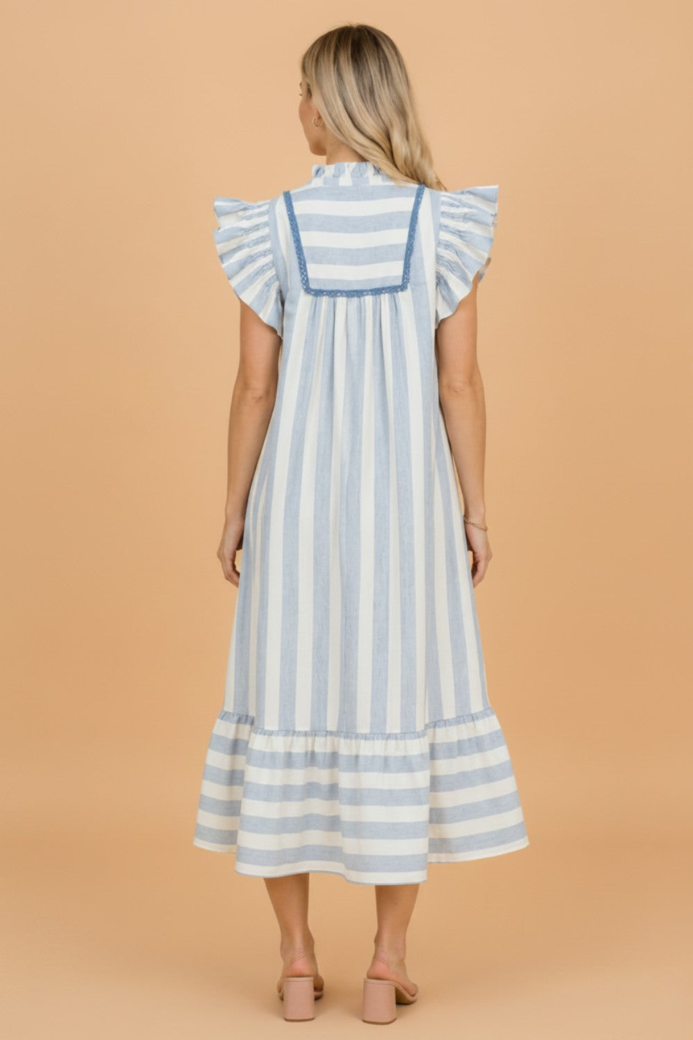 Stripe Lace Trim V-Neck Ruffle Midi Dress