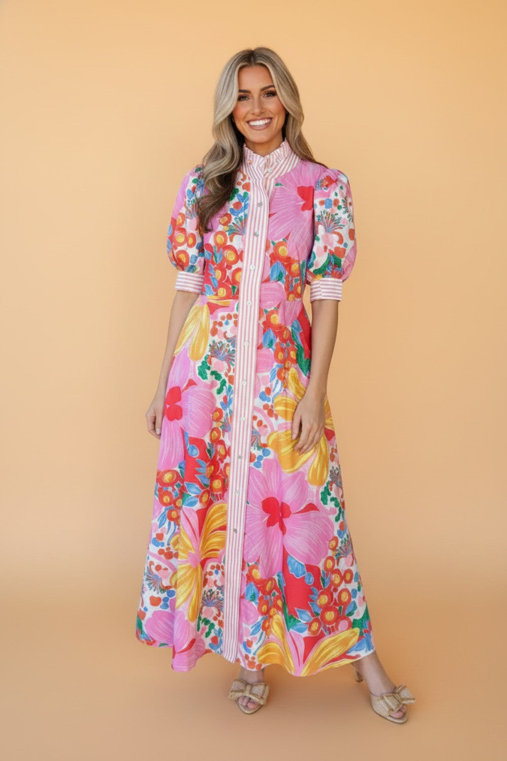 Floral Stripe Trim Puff Sleeve Buttoned Maxi Dress