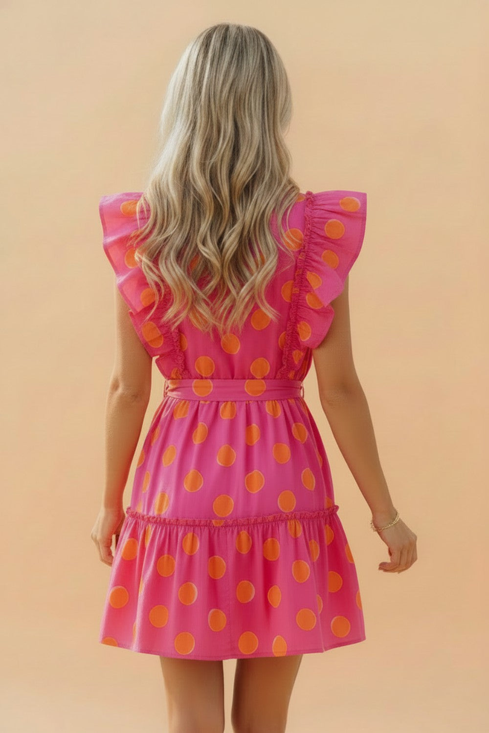 Polka Dot V-Neck Ruffle Belted Mini Dress