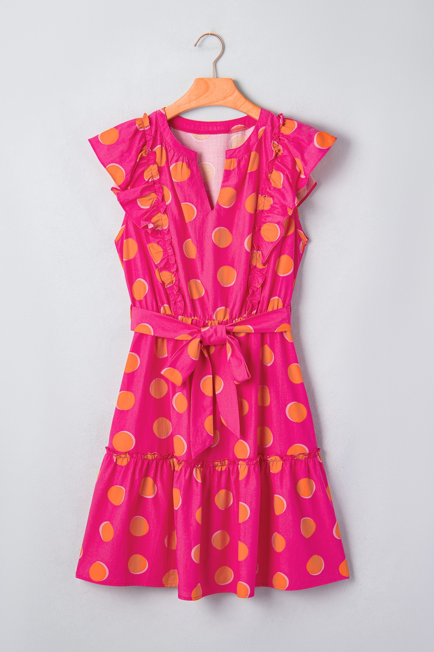 Polka Dot V-Neck Ruffle Belted Mini Dress