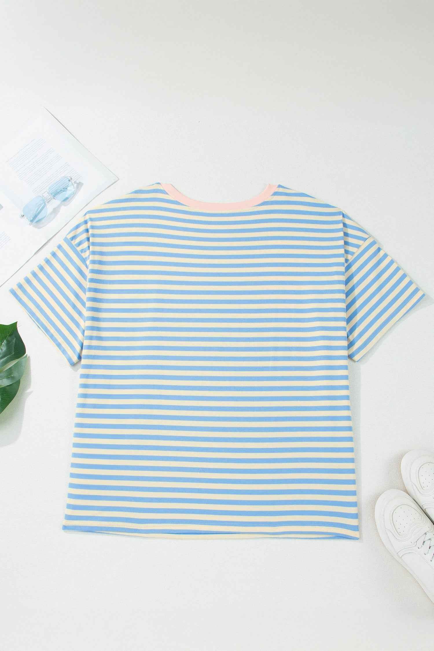 Plus Size Stripe Contrast Trim Short Sleeve Tee