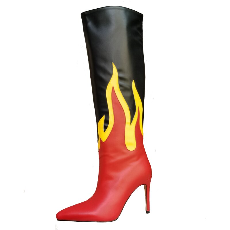 Processing time:3-7days after placing ordersNew Punk Style Mixed Color Embroidery Knee High Long Boots Thin Heel Pointed Toe Sexy Party Women's Shoes Black Red Big Size 43