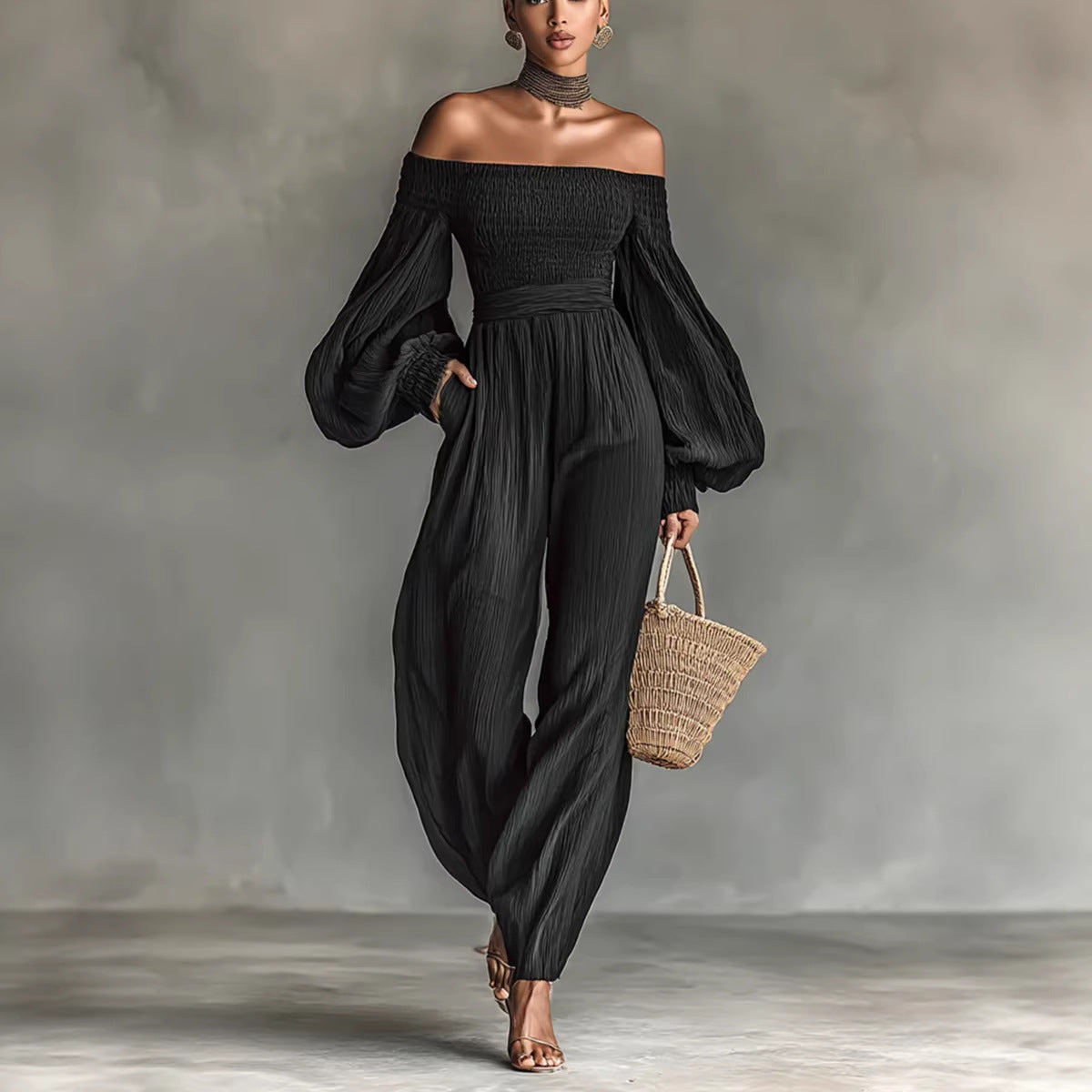 Style Off-Shoulder Lantern Sleeve Pleated Loose Jumpsuit for Women