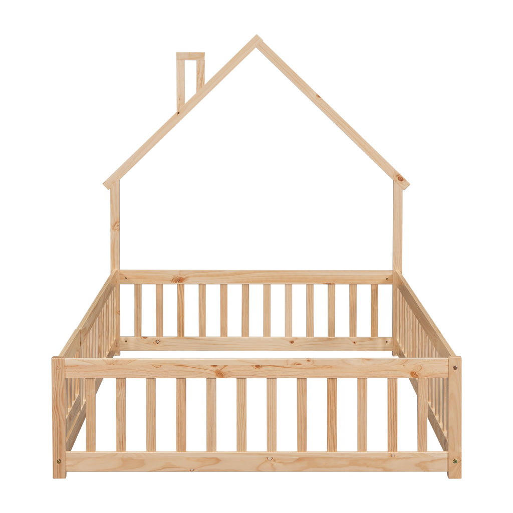 Full House-Shaped Headboard Floor Bed with Fence Natural