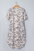 Camo Short Sleeve Drop Shoulder Side Slit Dress