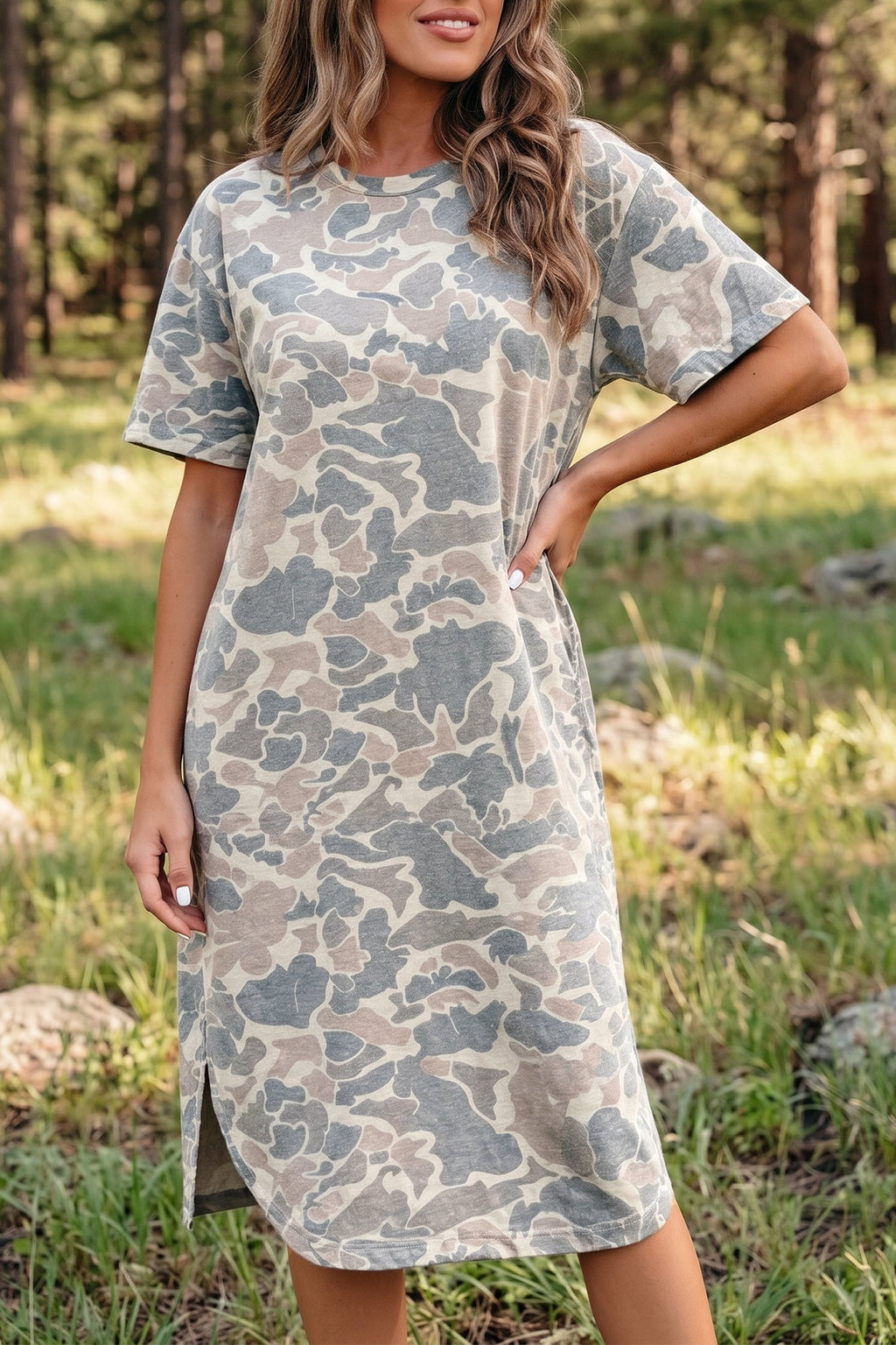 Camo Short Sleeve Drop Shoulder Side Slit Dress