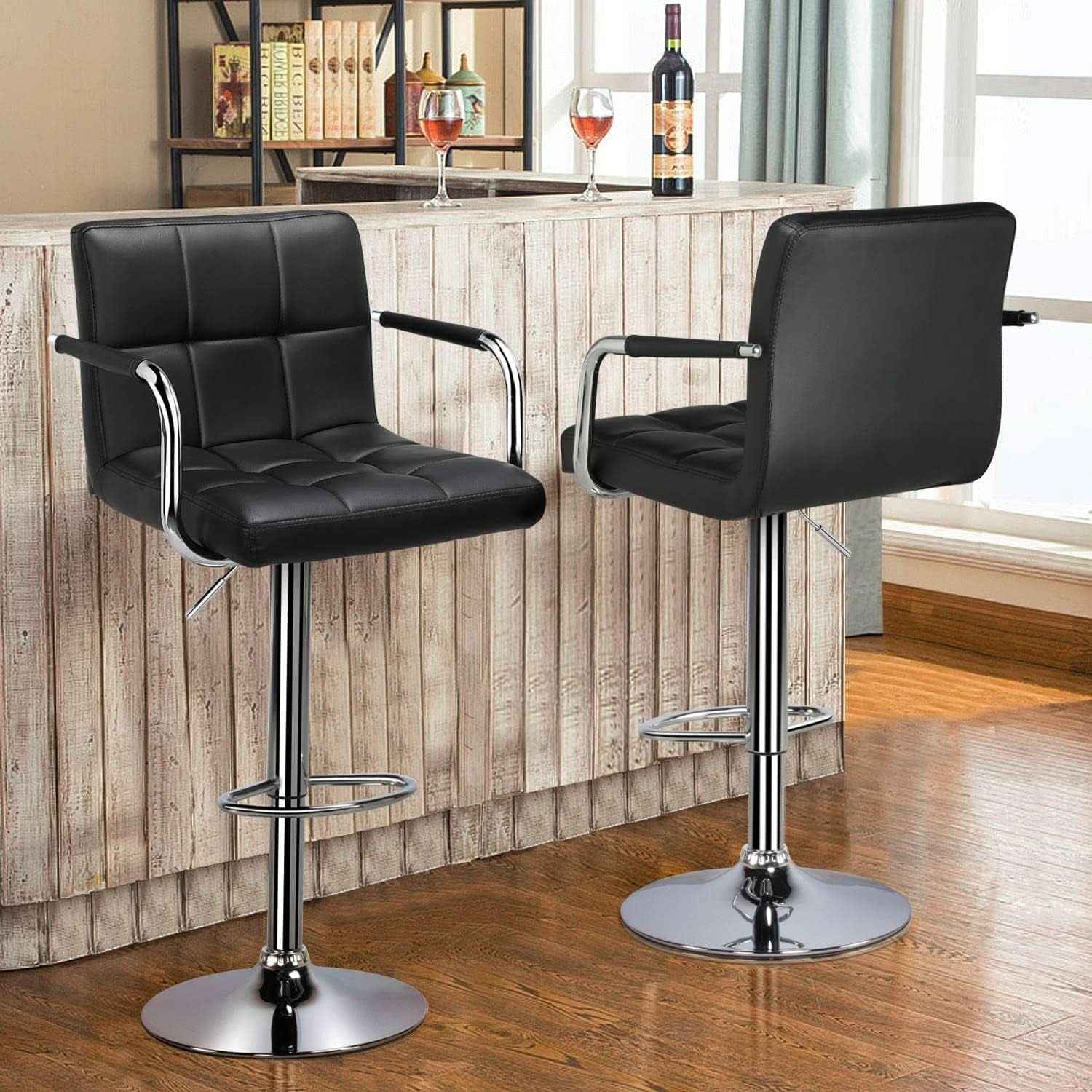 Bar Stools Set Of 2 Adjustable PU Leather Black Swivel