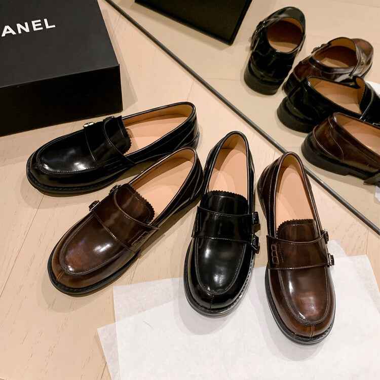 Women's Chunky Heel Buckle Loafer Shoes